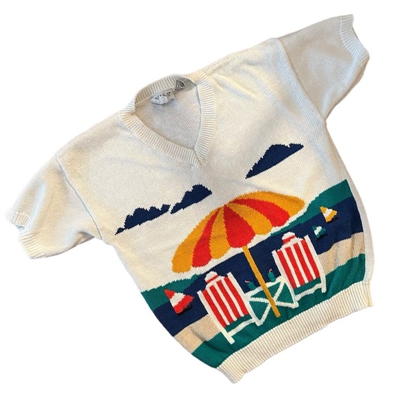 Vintage Tops - 80’s Russ Studio Beach Knitted Short Sleeve Sweater Size Small
